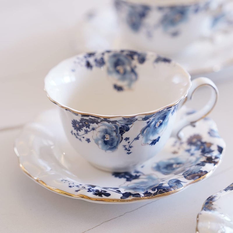 Jomop Ceramic Tea Cups Coffee Cup and Saucers Set of 4 Blue and White - Image 5