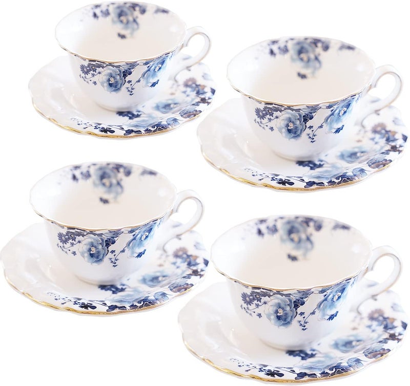 Jomop Ceramic Tea Cups Coffee Cup and Saucers Set of 4 Blue and White - Image 1