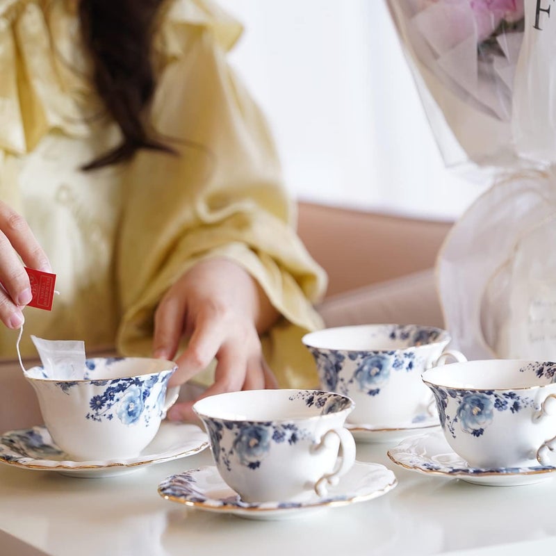 Jomop Ceramic Tea Cups Coffee Cup and Saucers Set of 4 Blue and White - Image 2