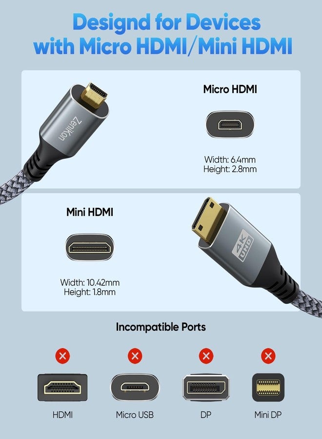 كابل زينيكون 4K من نوع Micro HDMI إلى Mini HDMI بطول 3.3 قدم، متوافق مع Raspberry Pi 5/4، الكاميرات، والشاشات المحمولة. كابل عالي السرعة من نوع Mini HDMI Type C ذكر إلى Micro HDMI Type D ذكر، سلك مضفر، يدعم دقة 4K@60Hz، 2K، 1080P، و3D. - Image 4