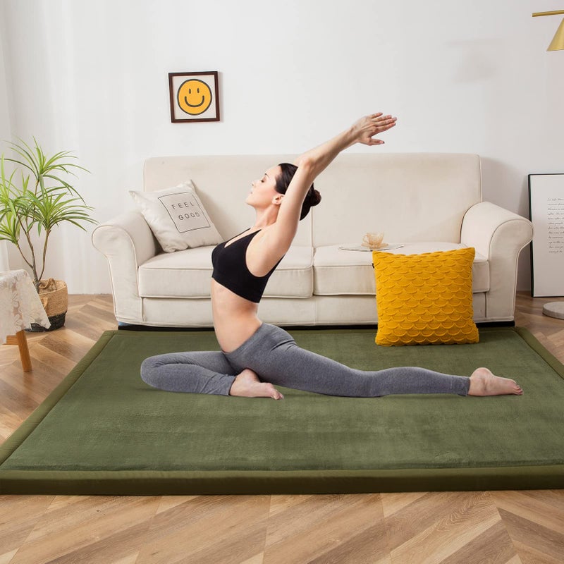 MAXYOYO Coral Velvet Area Rug, Thick Japanese Tatami Mat Living Room Carpet with Non-Slip Backing, Large Solid Color Mat for Bedroom Dormitory Yoga, Olive Green, 59"x 78" - Image 3