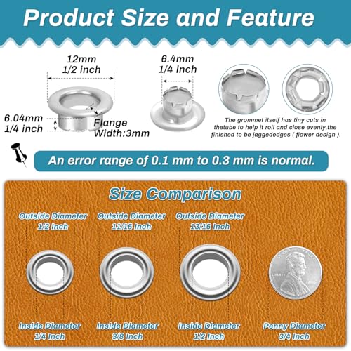 PAXCOO 803Pcs Grommet Tool Kit 6mm 1/4 Inch(Inside Hole Size) Eyelet Kit with 400Pcs Eyelets Grommets, 400Pcs Washers and Grommet Eyelet Pliers for Leather/Belt/Shoes/Crafts - Image 2