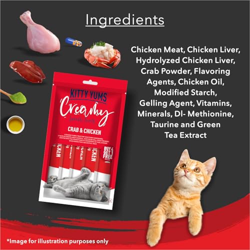 Kitty Yums Kitten & Adult Creamy Lickable Cat Treat (75g x 5 Sticks, 375g) Pack | Crab and Chicken Flavour | Taurine for Heart & Vision | Promotes Hydration | Antioxidants Boost Immunity - Image 2