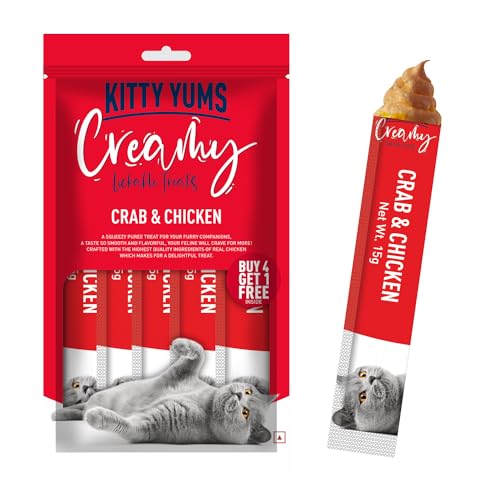 Kitty Yums Kitten & Adult Creamy Lickable Cat Treat (75g x 5 Sticks, 375g) Pack | Crab and Chicken Flavour | Taurine for Heart & Vision | Promotes Hydration | Antioxidants Boost Immunity - Image 1