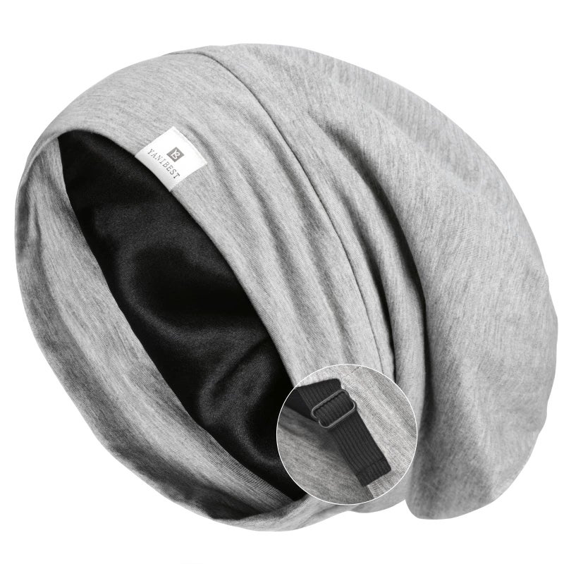 YANIBEST Silk Satin Bonnet Hair Wrap for Sleeping Adjustable Slouchy Beanie for Women Silk Lined for Curly Hair and Braids Light Grey