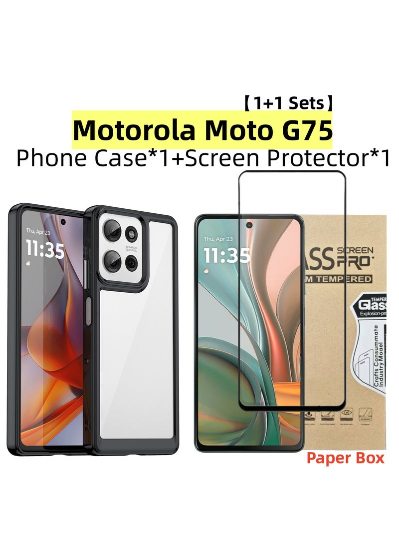 [1+1 Sets] For Motorola Moto G75 Case & Screen Protector Transparent Frame Protective Cover with Tempered Glass Screen Protector - Image 1