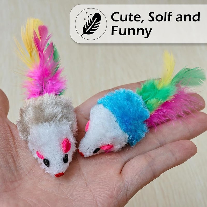 Famgee 20 PCS Furry Cat Toys Squeak Mouse Rattle Mice Cat Catcher Pet Toys with Feather Tails (Random Color) - Image 5