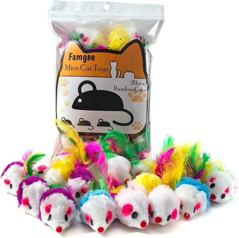 Famgee 20 PCS Furry Cat Toys Squeak Mouse Rattle Mice Cat Catcher Pet Toys with Feather Tails (Random Color) - Image 1