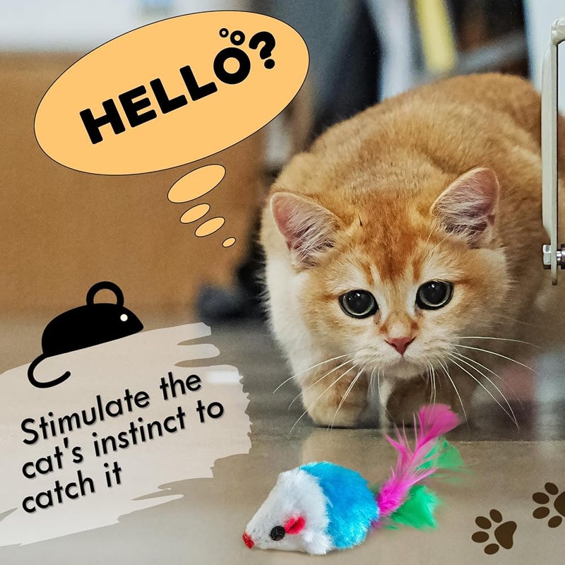 Famgee 20 PCS Furry Cat Toys Squeak Mouse Rattle Mice Cat Catcher Pet Toys with Feather Tails (Random Color) - Image 2