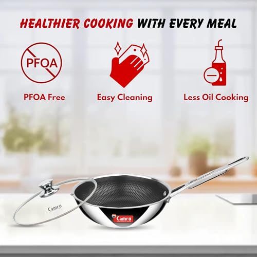 Camro Triply Honeycomb Fry Pan with Glass Lid 1.7 Liters, 20cm | FryPan Steel Stainless Induction Base | Fryer Cookwear Frying | Gas Induction Stovetop, Friendly Compatible - Image 2
