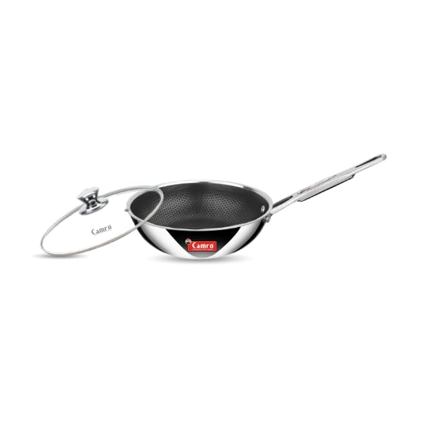 Camro Triply Honeycomb Fry Pan with Glass Lid 1.7 Liters, 20cm | FryPan Steel Stainless Induction Base | Fryer Cookwear Frying | Gas Induction Stovetop, Friendly Compatible - Image 1