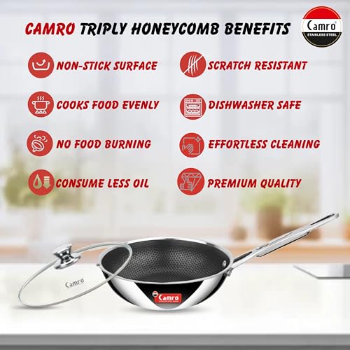 Camro Triply Honeycomb Fry Pan with Glass Lid 1.7 Liters, 20cm | FryPan Steel Stainless Induction Base | Fryer Cookwear Frying | Gas Induction Stovetop, Friendly Compatible - Image 3
