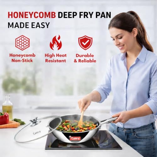 Camro Triply Honeycomb Fry Pan with Glass Lid 1.7 Liters, 20cm | FryPan Steel Stainless Induction Base | Fryer Cookwear Frying | Gas Induction Stovetop, Friendly Compatible - Image 4