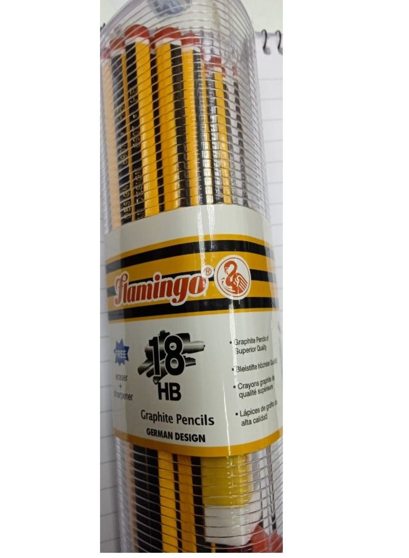 Flamingo HB 18 Graphite 20-piece Pencils + 1 Eraser + 1 Sharpener - Image 1