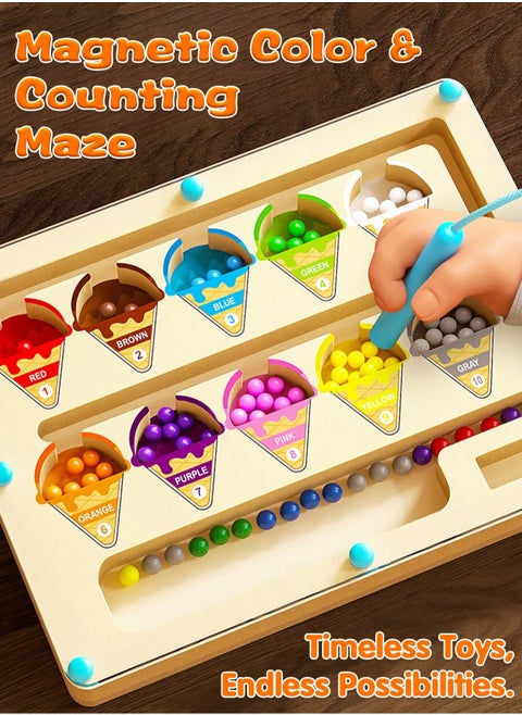 Wooden Magnetic Ice Cream Maze Puzzle - Color u0026 Number Sorting Toy for Toddlers - Enhances Fine Motor Skills and Encourages Creative Thinking