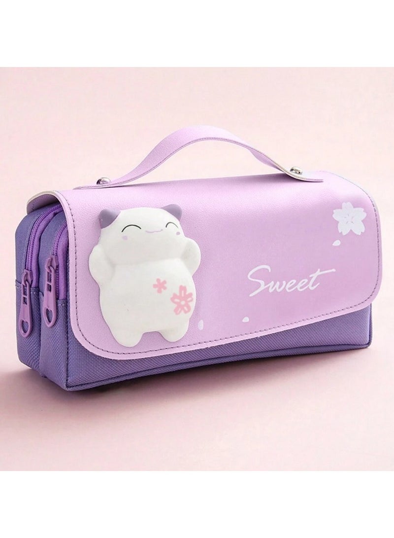 Large Capacity Purple Pencil Case with Cute 3D Cat, Handle  Double Zippers – School  Office Stationery Organizer - Image 1