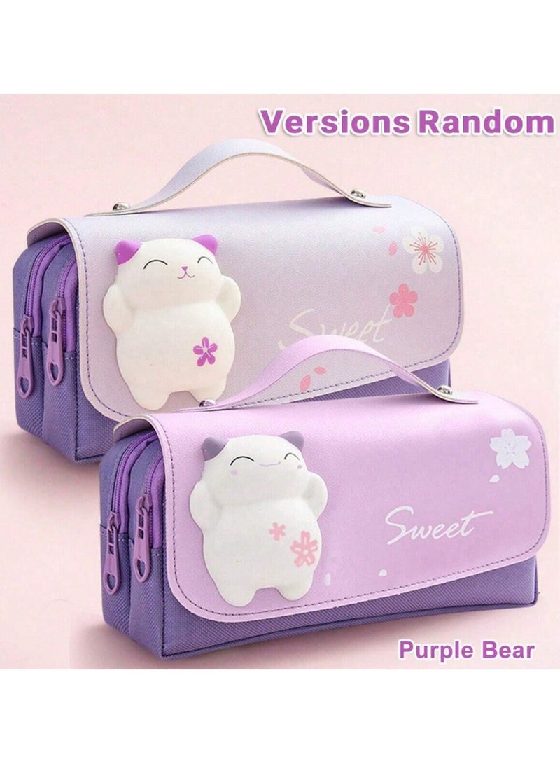 Large Capacity Purple Pencil Case with Cute 3D Cat, Handle  Double Zippers – School  Office Stationery Organizer - Image 3