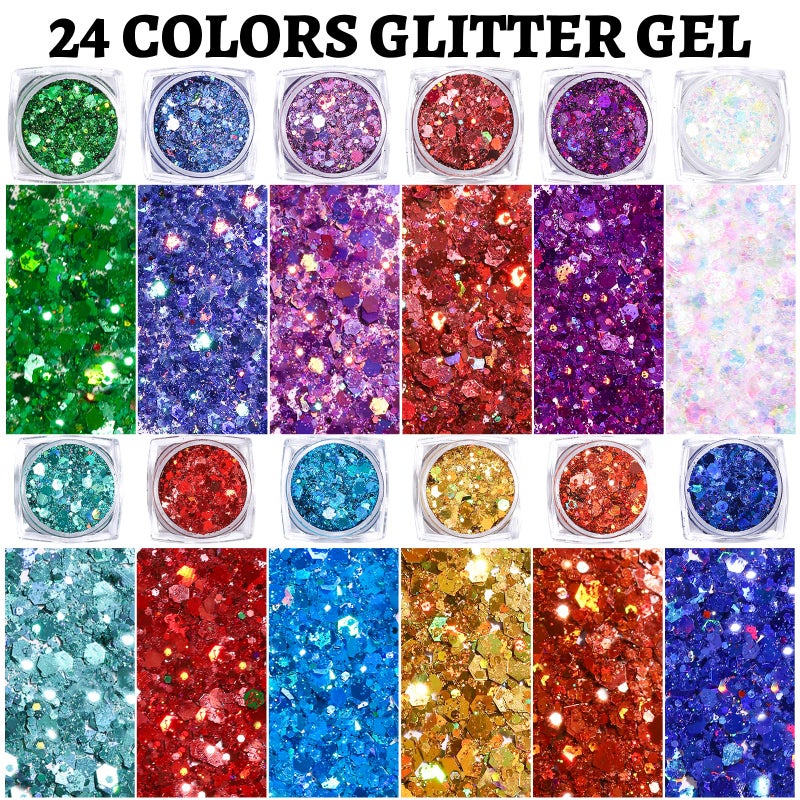 Teenitor 24 Colors Body & Hair Glitter Gel - Face, Body, Hair Glitter for Halloween Makeup Festival - Image 2