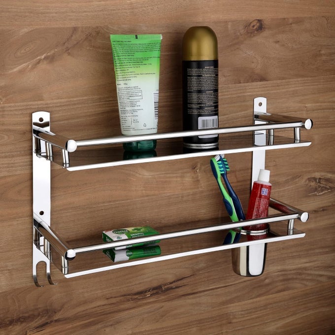 STAINLESS STEEL 2 LAYER MULTIPURPOSE USE SHELF ORGANIZER BATHROOM SHELF AND RACK WITH TOOTHBRUSH HOLDER BATHROOM ACCESSORIES