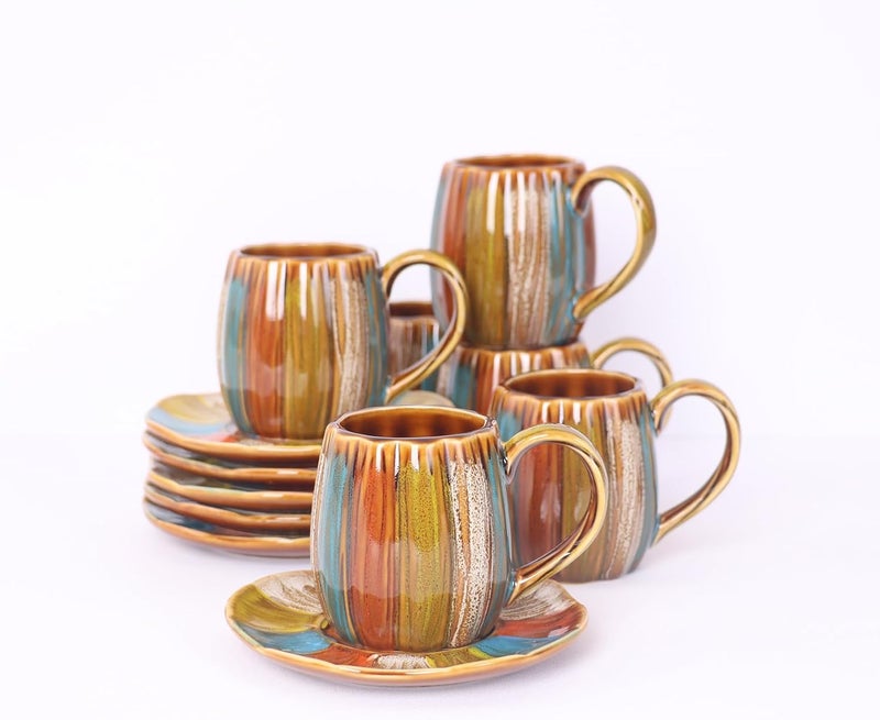 GuangYang 12 Pieces Fine Porcelain Brone Color Glazed Handdrawn Tea Cups and SaucersClassical Art Rainbow Pattern 7oz Tea Cup set for 6 - Image 1