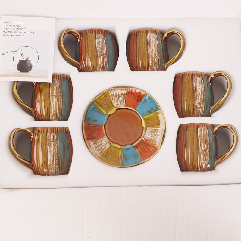 GuangYang 12 Pieces Fine Porcelain Brone Color Glazed Handdrawn Tea Cups and SaucersClassical Art Rainbow Pattern 7oz Tea Cup set for 6 - Image 3