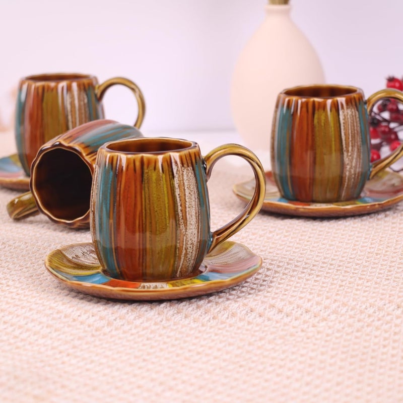GuangYang 12 Pieces Fine Porcelain Brone Color Glazed Handdrawn Tea Cups and SaucersClassical Art Rainbow Pattern 7oz Tea Cup set for 6 - Image 2