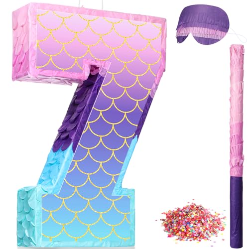 Shappy 16 Inch Mermaid Piata Purple Number Birthday Piata Party with Stick Blindfold Confetti for Anniversary Celebration Birthday Decoration SuppliesNumber 7 - Image 1
