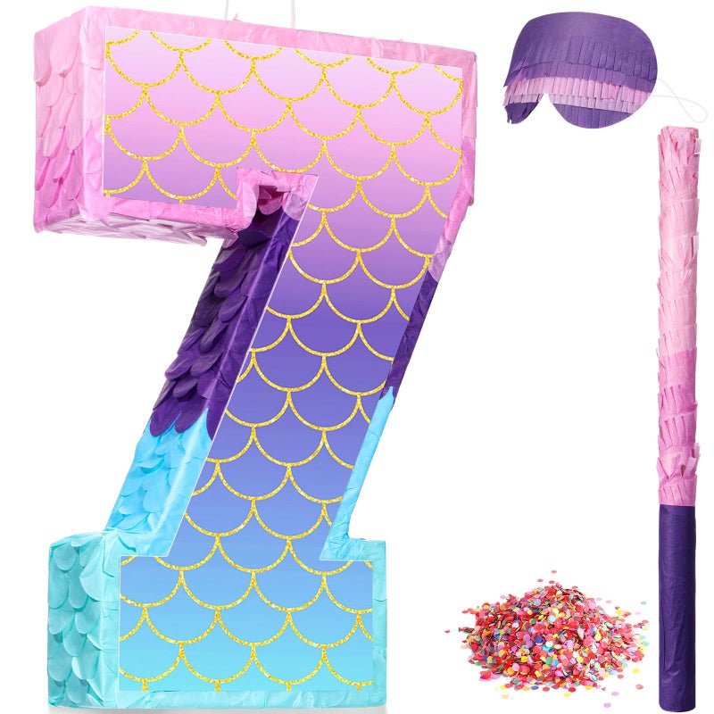 Shappy 16 Inch Mermaid Piata Purple Number Birthday Piata Party with Stick Blindfold Confetti for Anniversary Celebration Birthday Decoration SuppliesNumber 7 - Image 3