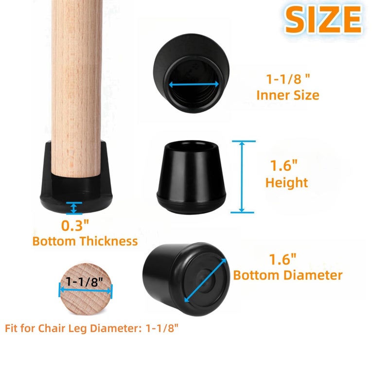Furnigear Chair Leg Tips Caps Non-Slip Rubber Leg Tips 1-1/8  Inner Diameter Chair Leg Floor Protectors Round Black  64 Pack - Image 2