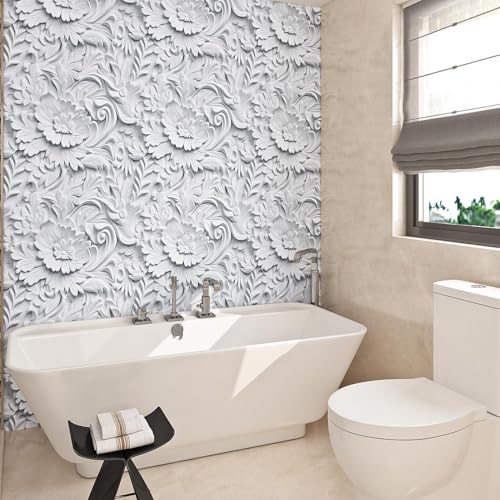ReWallpaper Faux 3D Wall Panels Peel and Stick Wallpaper Modern Flat 3D Effect Wall Mural Removable Art Decor Gray Floral Ceiling Wallpaper for Bedroom Bathroom Waterproof Contact Paper 17.5inx10ft - Image 3