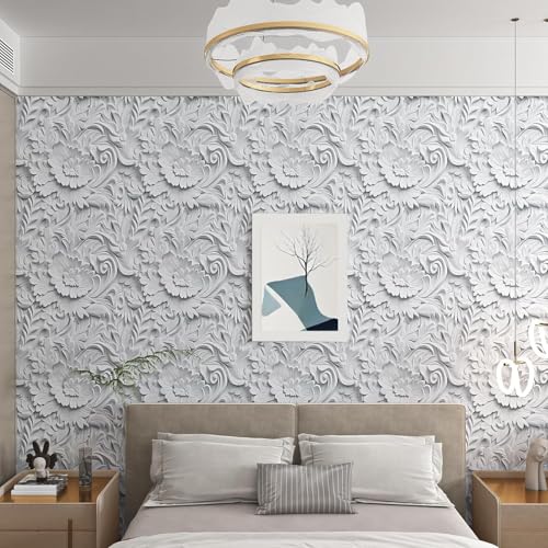 ReWallpaper Faux 3D Wall Panels Peel and Stick Wallpaper Modern Flat 3D Effect Wall Mural Removable Art Decor Gray Floral Ceiling Wallpaper for Bedroom Bathroom Waterproof Contact Paper 17.5inx10ft - Image 2