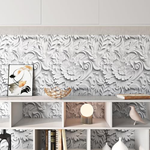 ReWallpaper Faux 3D Wall Panels Peel and Stick Wallpaper Modern Flat 3D Effect Wall Mural Removable Art Decor Gray Floral Ceiling Wallpaper for Bedroom Bathroom Waterproof Contact Paper 17.5inx10ft - Image 5