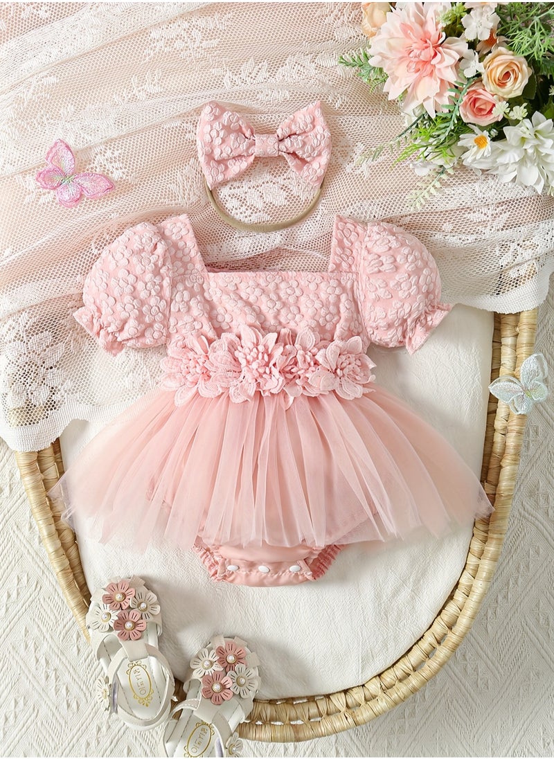 Generic Baby Girl Lace Romper with Floral Design, Newborn Tulle Onesie Dress, Infant Sleeveless Jumpsuit for Special Occasions  - Image 1