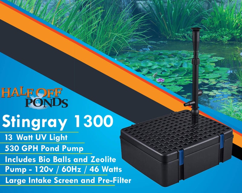 HALF OFF PONDS Sting Ray 1300 All-in-One Submersible Biological and Mechanical Filter, 530 GPH Pump, 13-Watt UV Clarifier, and Fountain - SR1300 - Image 2