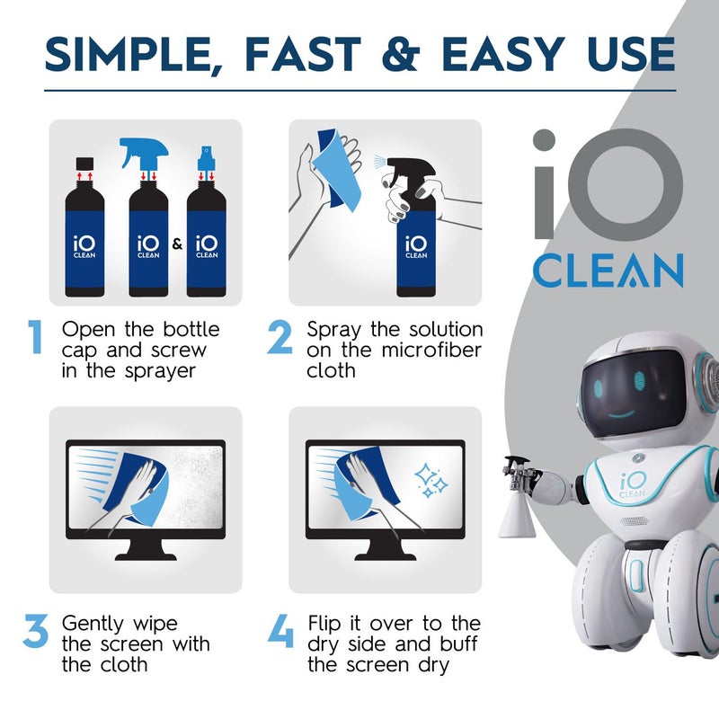 iO CLEAN Screen Cleaner Spray (16oz + mini Cleaner) â€“ Best Large Cleaning Kit for LCD LED OLED TV, Smartphone, iPad, Laptop, Touchscreen, Computer Monitor, Electronic Devices, Microfiber Cloth and 2 Nozzles - Image 5