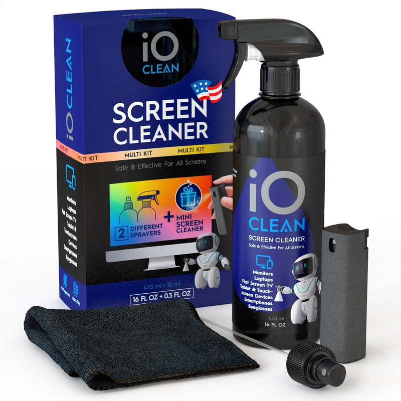 iO CLEAN Screen Cleaner Spray (16oz + mini Cleaner) â€“ Best Large Cleaning Kit for LCD LED OLED TV, Smartphone, iPad, Laptop, Touchscreen, Computer Monitor, Electronic Devices, Microfiber Cloth and 2 Nozzles - Image 1
