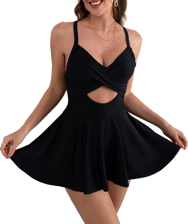 B2prity Women Cutout One Piece Skirt Swimsuit V Neck Wrap Tie Back Swimdress Tummy Control Bathing Suit(Black) - Image 1