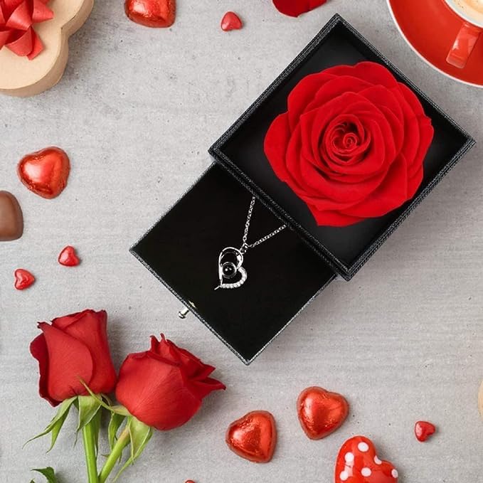 DINOS DINOS Red Rose with Golden Heart Necklace in Gift Box Eternal Forever Flower Preserve Roses I Love You in 100 Languages Cards Jewelry for Mothers Day Girlfriends and Special Occasions  - Image 2