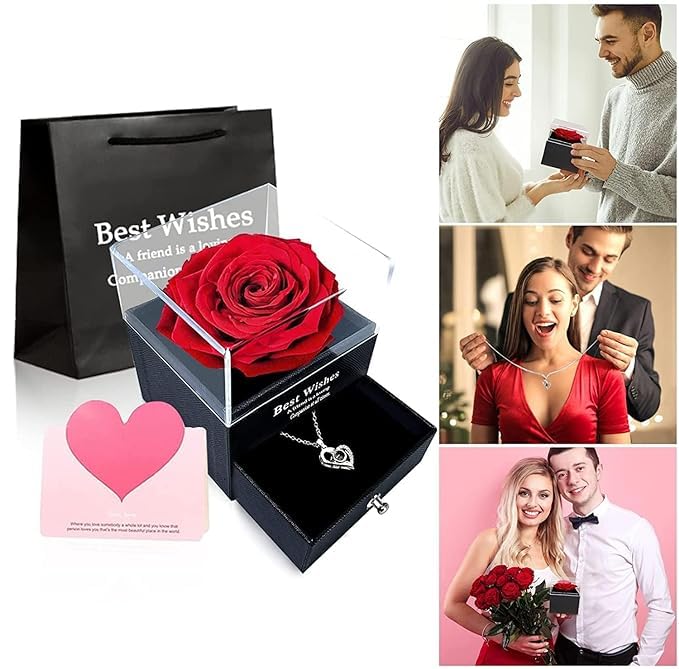 DINOS DINOS Red Rose with Golden Heart Necklace in Gift Box Eternal Forever Flower Preserve Roses I Love You in 100 Languages Cards Jewelry for Mothers Day Girlfriends and Special Occasions  - Image 4