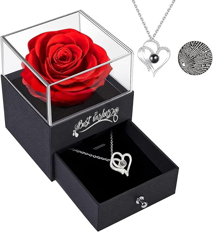DINOS DINOS Red Rose with Golden Heart Necklace in Gift Box Eternal Forever Flower Preserve Roses I Love You in 100 Languages Cards Jewelry for Mothers Day Girlfriends and Special Occasions  - Image 1