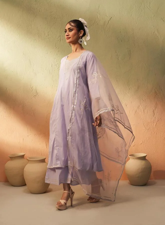 ISHIN Women's Lilac Cotton Printed Tunic Upper Calf Length Palazzo Bottom Regular Fit 3 Peice Kurta Set