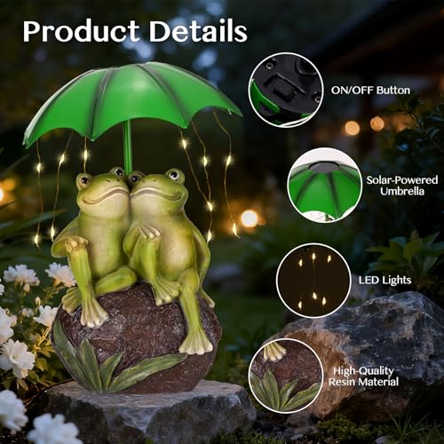 Paxato Solar Garden Statues Decor Frog Couple with LED Lights and Umbrella, Outdoor Garden Statues, Frog Statue for Patio, Balcony, Housewarming, Yard Ornaments Gifts for Women - Image 4