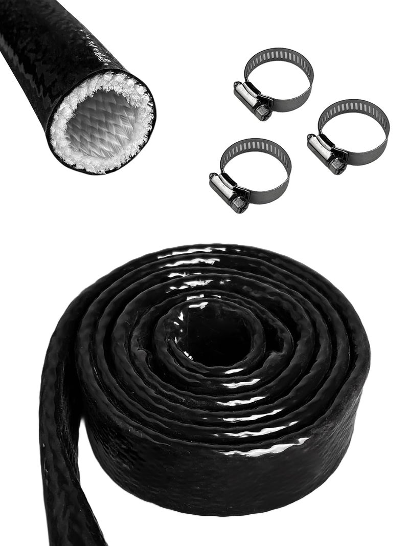 YAMAKATO 38 ID Heat Shielded Fire Thermo Armor Fire Sleeve Silicone Coated Fiberglass Heat Protection w 3 Clamps for Automotive Hose Lines Electrical Wiring Black 5FT