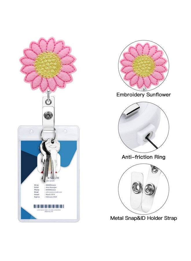 Soleebee 24'' Retractable Badge Holder Embroider Sunflower Badge Reel With 360° Swivel Alligator Clip Id Name Badge Clip For Nurse Teacher Student (Pink) - Image 4