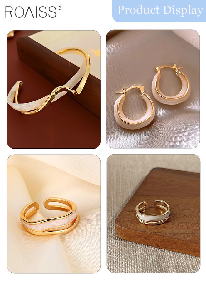 roaiss 4 Pcs Stylish White Jewelry Set, Arched Alloy Bracelet, Asymmetrical U-shaped Geometric Earrings, and Adjustable Ring Versatile and Luxurious Jewelry Accessories for Women - Image 5