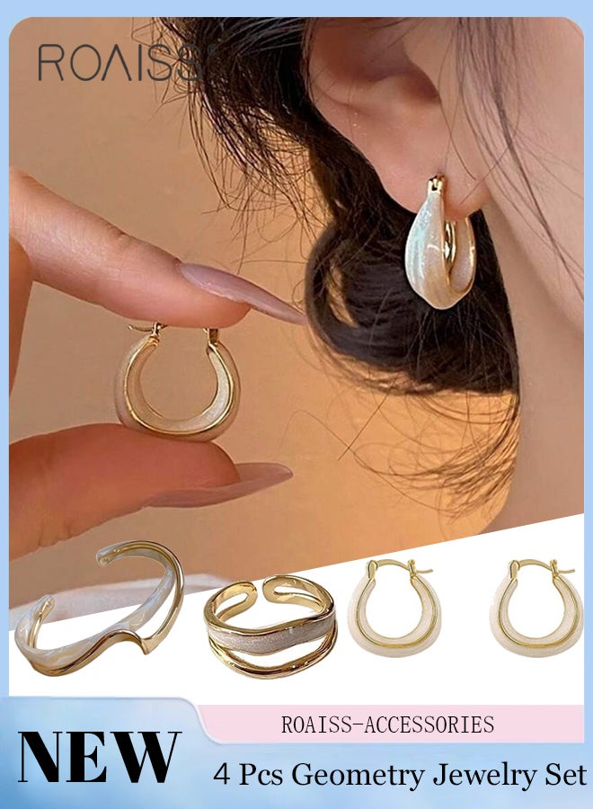 roaiss 4 Pcs Stylish White Jewelry Set, Arched Alloy Bracelet, Asymmetrical U-shaped Geometric Earrings, and Adjustable Ring Versatile and Luxurious Jewelry Accessories for Women - Image 1