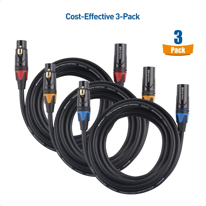 Cable Matters 3-Pack Color-Coded Premium Shielded XLR Cables - 10ft, Oxygen-Free Copper (OFC) XLR Microphone Cable Male to Female, Black - Image 2