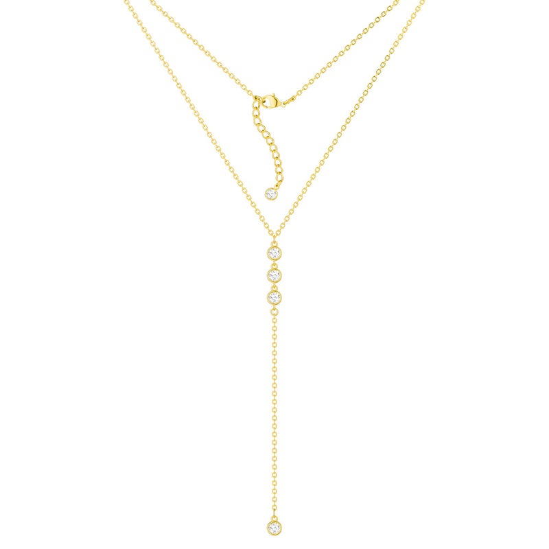Tewiky Lariat Necklace , Simple Long Dainty Gold Necklace for Women Trendy 14k Gold Plated CZ Diamond Drop Cute Aesthetic Y Necklace Fashion Jewelry Gifts - Image 1
