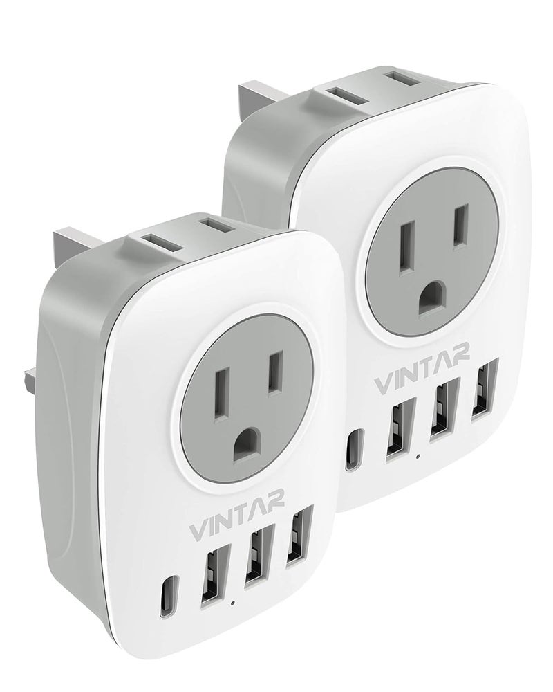 VINTAR US to UK Ireland Travel Plug Adapter 2 Pack, VINTAR Type G Plug Adapter with 2 Outlets 4 USB Ports(1 USB-C), UK Power Adaptor for USA to England Scotland Dubai Hong Kong British Kenya London - Image 1