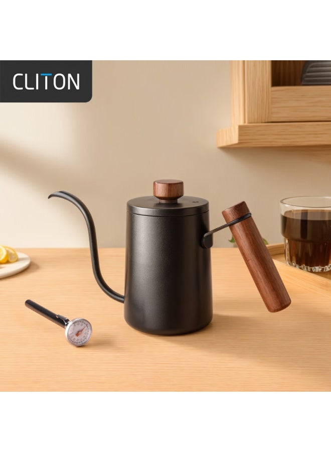 Cliton304 Stainless Steel Pour-over Coffee Maker With Wooden Handle, Travel Office Home Use Long Spout Thin Mouth Coffee Pot With Lid - Image 1